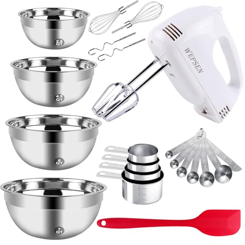 5-Speed Electric Hand Mixer, 4 Large Mixing Bowls Set, Handheld Mixers with Whisks Beater, Stainless Steel Metal Nesting Bowl Measuring Cups Spoons Kitchen Cake Blender for Baking Supplies