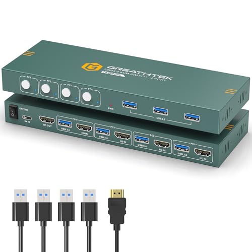 USB3.0 KVM Switch HDMI 4K@60Hz for 4 Computers Share 1 Monitor, KVM Switch 4 Port with 3 USB 3.0 Ports Share Keyboard Mouse, Support Button Switch, Plug and Play