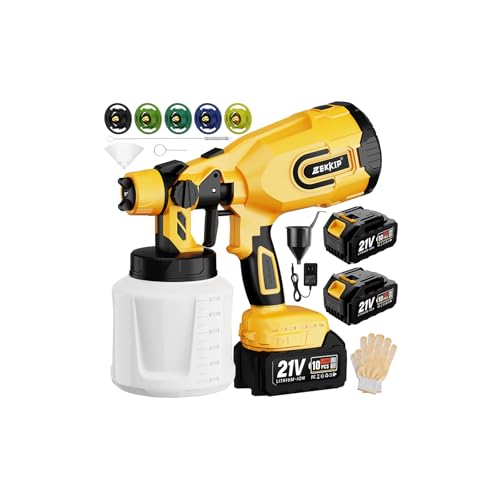 Zekkip Cordless Paint Sprayer Gun with Battery 2 of 4000mAh, Battery Level Display, 5 Copper Nozzles 1200ML Containers Airless HVLP Paint Sprayer for House Painting Furniture Cabinets Fence Wall.