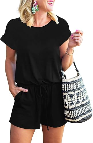 ANRABESS Rompers for Women Summer 2025 Casual Dressy One Piece Tshirt Short Pants Jumpsuit Beach Vacation Outfit Clothes A233-hei-L Black