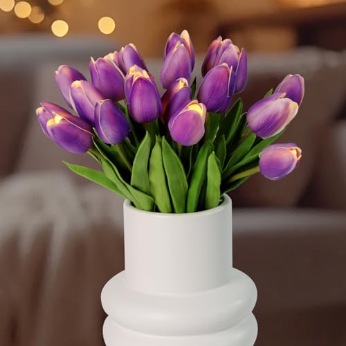 HOMESEASONS 20pcs Tulip Bouquet Lamp Artificial Flower Night Light Real Touch Tulip Night Lamp LED Flower Light Home Kitchen Decor(Purple)