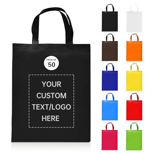 JEOHLORY discount promos custom reusable grocery tote bags - 50 pack - personalized logo, text - large (One color printing, Customized Black)