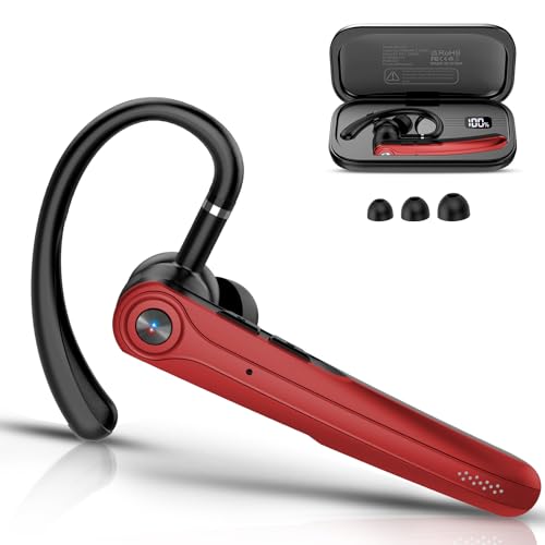 Bluetooth Headset, Wireless Bluetooth Earpiece with ENC Noise Canceling Mic, 120Hrs Talk Single-Ear Headphones, LED Display, IP7 Waterproof Hand-Free Earphone for Business/Trucker/Driver, Red