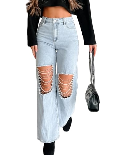 LifeShe Women Denim Jeans High Waist Distressed Rhinestone Pearl Chains Stretch Denim Pants Blue