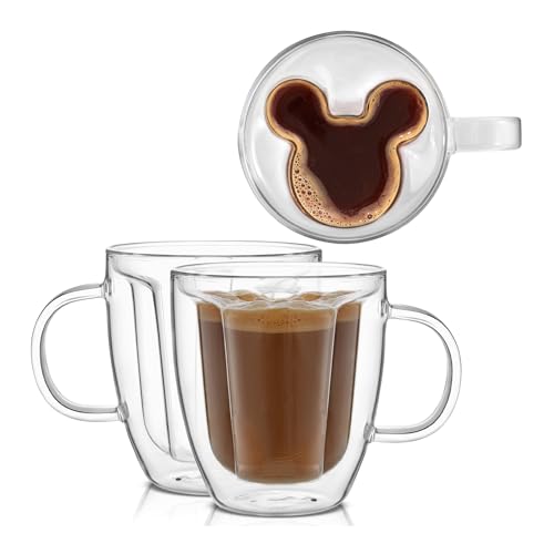 JoyJolt Disney Mickey Mouse 3D Coffee Cups 10oz. Glass Cups Set of 2 Insulated Double Wall Glass Coffee Cups with 3D Design. Insulated Coffee Cup Set. Unique Coffee Mugs, Espresso, and Disney Cups