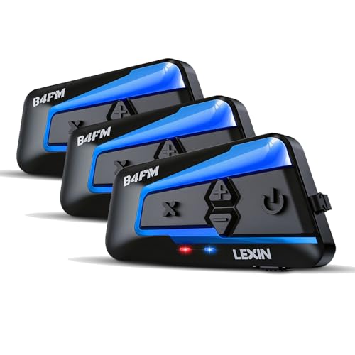 LEXIN B4FM Motorcycle Bluetooth Headset, 10-Way 1.2 Miles Group Intercom, Helmet Communication Systems with Music Sharing, FM Radio, Hi-Fi Stereo Sound, IP67 Waterproof, Universal Pairing, 3 Pack