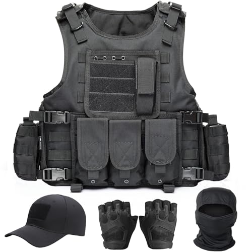 VPZenar Tactical Vest, Airsoft Vest and Cap,Gloves,Balaclava for Men, Black Lightweight Vest with Detachable Pouches for Adults,Sports Training Plate Vest,Tactical Airsoft Gear