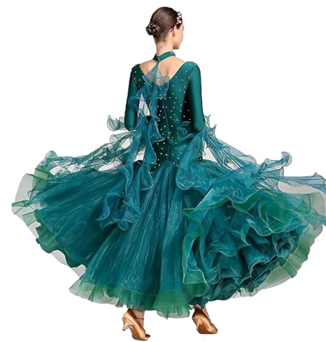 ORIDOOR Flash Rhinestone Ballroom Dance Waltz Tango Standard Competition Dance Dress 03-Dark Green Medium