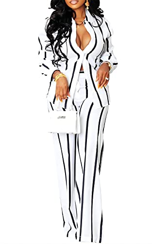 Remelon Women's Casual Two Piece Outfits Striped Long Sleeve Collar Button Down Shirt Blouse High Waist Wide Leg Pants Sets White L