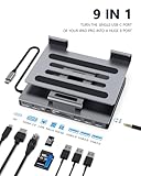 iPad Pro USB C Hub Stand, 9-in-1 Adapter for iPad Pro M4 M2 13 12.9 11 Inch Docking Station Foldable with 4K 60Hz HDMI, RJ45 Gigabit Ethernet, SD/TF Card Reader, 3 USB 3.0, 3.5 mm Audio, iPad Air