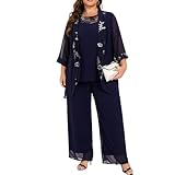 Women's Plus Size Wedding Pant Suits 3 Piece Chiffon Party Outfit for Mother of The Groom Bride Evening Gowns Blue