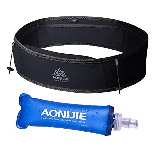 AONIJIE Running Belt Fanny Pack with 250ml Soft Water Bottle Flask for Women Men, Moisture Wicking Waist Pack Great for Marathon Climbing Jogging Cycling, for 6.8in Mobile Phone (Full Black: M/L)