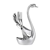 AnSaw Swan Base Holder Set with 20 Pcs Mini 4.7" Silver Leaf Teaspoons & Dessert Forks - Ideal for Appetizers,Salads,Cakes,Charcuterie Board,Fruits & Cocktails - Perfect Tea & Espresso Companion