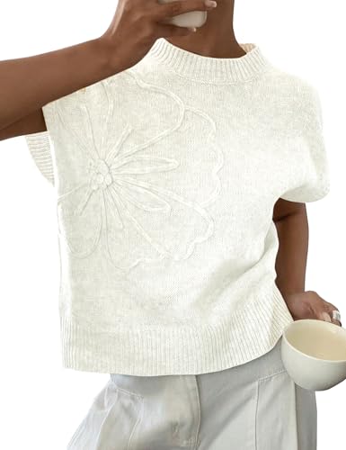 BQDCQB Womens Floral Sweater Vest Cute Cap Sleeve Tops 3D Flower Decor Knit Tank Top Loose Spring Fall Summer Clothes 2025(White-S)