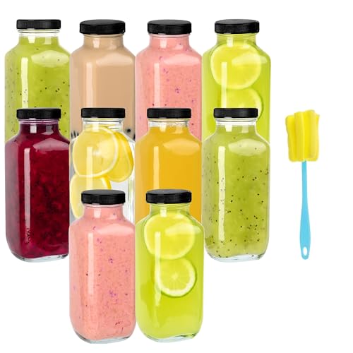 10 Pack 16oz Glass Juice Bottles with Lids - Reusable Juicing Bottles Glass Drinking Jars Containers with Airtight Lids & Cleaning Brush - Perfect for Juicing,Milk,Kombucha, and Storage
