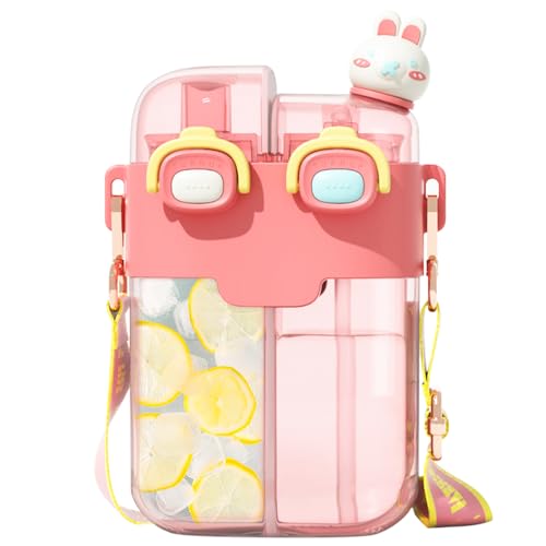 Cute Water Bottle for Kids: 26oz Kawaii Water Bottle for Girls, Funny Bear Water Bottles with Straw and Strap, Dual Compartments Leak-proof Plastic Drinking Cup for School Sport Travel (Pink)