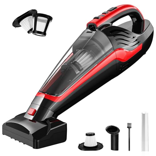 Powools Pet Hair Handheld Vacuum, Car Vacuum Portable Cordless Rechargeable with Reusable Filter and Motorized Brush for Carpet, Couch & Stairs, Red, 17.4"X 4.6"X 6.6"