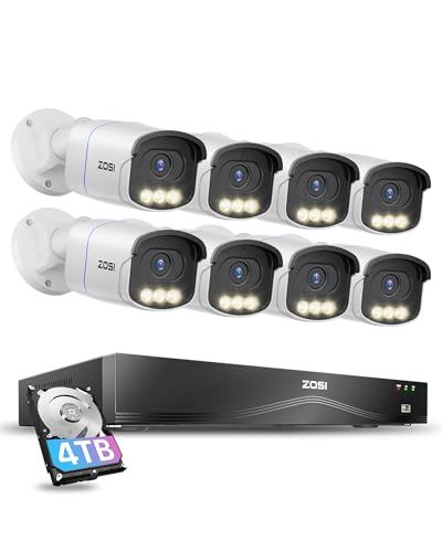 ZOSI 16CH 4K PoE Security Camera System,8pcs 4K C186 Aurora Lux Outdoor PoE Cameras with True Full Color Night Vision,Person Vehicle Detection,2 Way Audio,8MP 16CH NVR with 4TB HDD for 24/7 Recording
