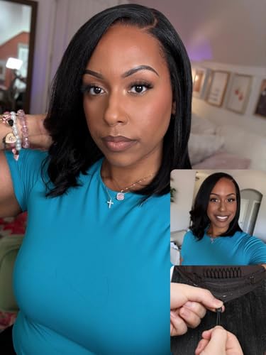 Nadula Yaki Straight Bob Glueless Wig with Drawstring Pre Cut 7x5 HD Bye Bye Knots Lace Front Wigs Human Hair Pre Plucked Invisible Knots Ready to Go Short Yaki Bob Wigs 150% Density 14inch