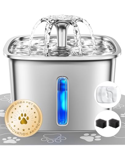 Veken Innovation Award Winner Stainless Steel Cat Water Fountain, 95oz/2.8L Automatic Pet Fountain Dog Water Dispenser with Replacement Filters & Silicone Mat for Cats, Dogs, Multiple Pets (Silver)