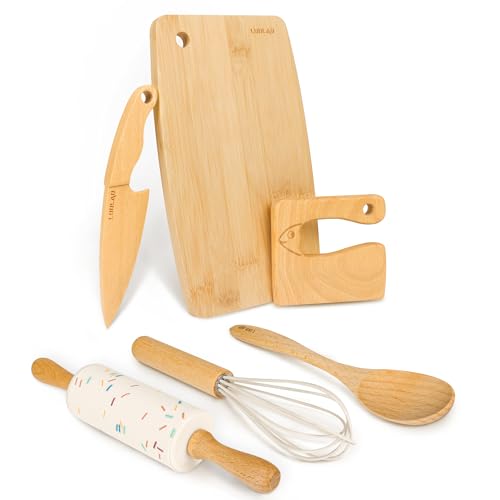 LUOLAO Wooden Kids Safe Knife and Kids Baking Set for Real Cooking, 6 PCS Toddler Montessori Kitchen Tools, Cooking and Baking for Kids Little Chefs