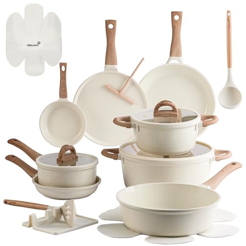 22 Pcs Pots and Pans Set Non Stick Non-Toxic Ceramic Kitchen Cookware Sets Nonstick Pot&Pan With Lid Cream White Granite Induction Compatible with Glass Lids Crepe Frying Pan PFOA/PFOS-Free