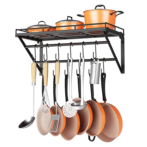 OROPY 23 Inch Wall Mounted Pot Rack Storage Shelf with 2 Tier Hanging Rails 12 S Hooks included, Ideal for Pans, Utensils, Cookware, Plant Black