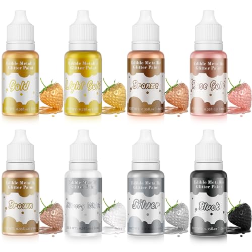 8 Edible Metallic Glitter Paint Set - Pearlescent Food Coloring for Cake Decorating & Food Grade Vibrant Cake Paint for Baking Fondant Gumpaste Chocolate Candy Cookie Cooking Donut-0.35 Fl.oz/Bottle