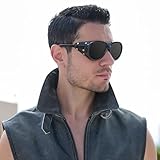 MACJERO Retro Aviator Steampunk Polarized Sunglasses with Leather Side Shield Vintage Goggles Gothic Eyewear for Men Women(Black)