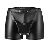 Men's Soft Matte Leather Boxer, Sexy Below Button Open Crotch, Hip Zipper Crotchless, Comfort Stretch Waistband Black