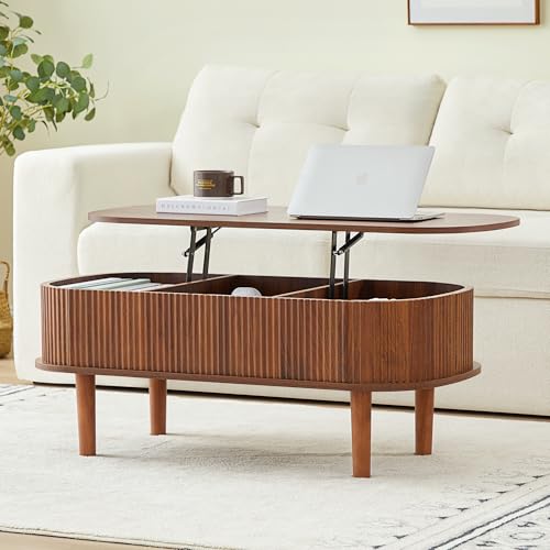 Fluted Lift Top Coffee Table with Hidden Compartment, Fully Assembled Wooden Center Table, Modern Oval Lift Tabletop for Home Living Room Office, Walnut