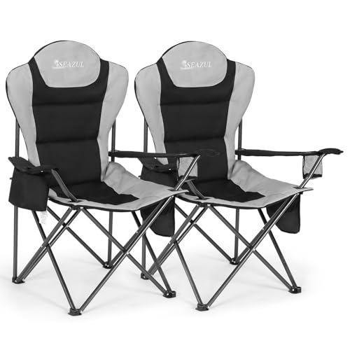 Seazul Camping Chairs 2 Pack, Camp Chair for Adults, Folding Chairs for Outside, Support 380 LBS, Portable Travel Lawn Outdoor Camping Chairs with Cup Holder & Cooler Bag, Sports Chairs for Baseball