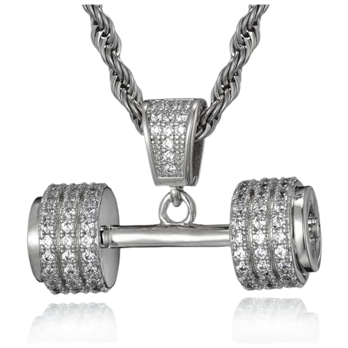 ICEDIAMOND 14K Iced Out Bright CZ Diamond Dumbbell Design Pendant Necklace, Gold Plated Fully Zirconia Hip Hop Charm Jewelry for Unisex (White)