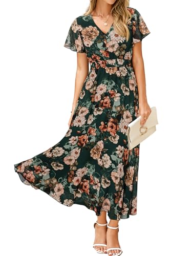 Simplee Womens Floral Maxi Dress - Short Sleeve Summer Boho Wedding Guest Dress Empire Waist Chiffon Modest Midi Dresses Green,L