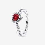 PANDORA Elevated Red Heart Ring - Sterling Silver Ring for Women - Layering or Stackable Ring with Red Crystal - Gift for Her With Gift Box - Size 7