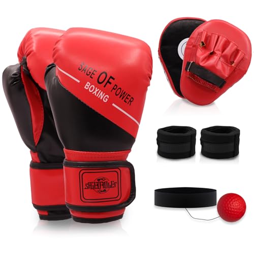 4-in-1 7Pcs Boxing Equipment Set for Beginners Including a Boxing Reflex Ball 1 Pair of 6 oz Boxing Gloves Hand Wraps for Adults Youth Beginners Training Equipment