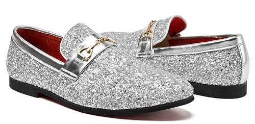 Men Loafer Metallic Textured Slip-on Glitter Sequins Fashion Wedding Dress Shoes Golden (Silver, Adult, Men, 10, Numeric, US Footwear Size System, Medium)