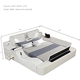 EMOBACO Multifunction King Size Bed, Modern Luxury Leather Smart Bed Frame with Adjustable Headboard/Massage Recliner/USB Port/Music Speaker/Storage Footstool/Storage Shelf &Drawer,Beige