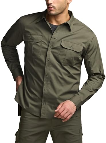 CQR Men's Long Sleeve Tactical Shirts, Ripstop Military Work Shirts, UPF 50+ Breathable Button Down Outdoor Hiking Shirt, Supervisor Soil Green, Large