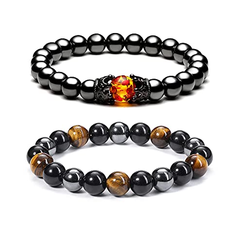 Jovivi 2 Pcs Hematite Black Obsidian Tiger Eye Stone Bracelets for Men Women 10mm Natural Round Gemstone Beads Beaded Healing Crystal Bracelet for Protection, Good Luck