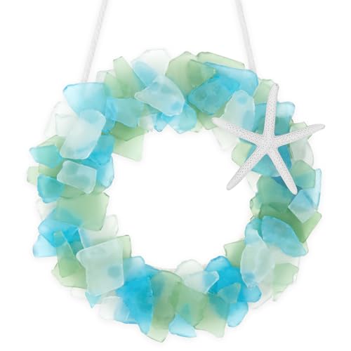 Sea Glass Wreath - Handmade 8.5 Inch Beach Wreath, Coastal Style Christmas Decor Wreaths for Home Decor, Door, Window, Kitchen Cabinet, Chair and Wall