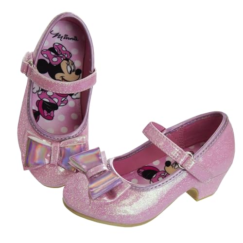 Disney Minnie Mouse Shoes - Girls Mary Jane Flat Pump Strap with Bow - Kids Character Princess Dress up Costume Flower School Party Flats Slip on - Pink (Size 7 Toddler)