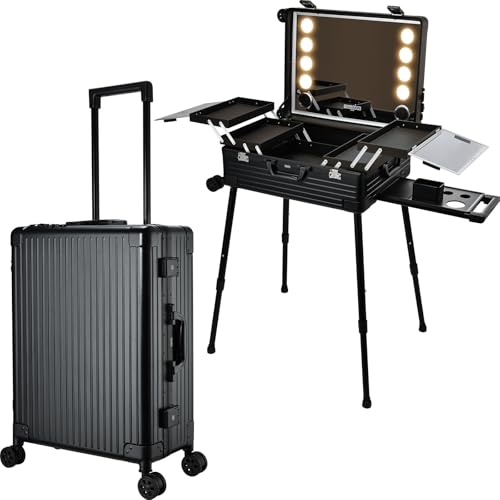 Faquenc 24'' Aluminum Trolley Rolling Makeup Train Case with LED Light Mirror Professional Cosmetic Travel Box with Bluetooth Speaker Make up Cosmetic Organizer Studio Nail Salon Beauty Vanity Black