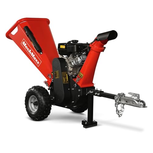 MechMaxx 4'' Inch 212CC 7HP Gas Powered Wood Chipper Leaf Branch Shredder Mulcher with Towbar, Emergency Stop Button, Model GS650