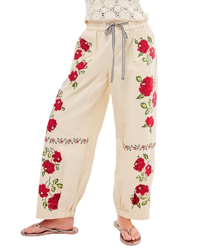 Kedera Women's Causal Baggy Boyfriend Jeans Vintage Wide Leg Floral Embroidered Mid Rise Barrel Denim Ankle Pants