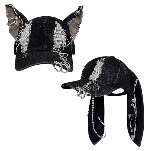 Shyyween 2 Pcs Y2K Grunge Hat with Cat Bunny Ears Distressed Denim Baseball Cap with Metal Ring Chains Punk Kpop Outfits Cute for Women Hiphop Dance Party Music Festival Clothes Accessories