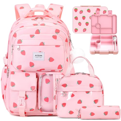 ACESAK Girls Backpack - Bento Box with Insulated Lunch Bag Pencil Case & Utensils Set for Kids, 6 Leakproof Compartments Removable Tray Lunches or Snack Container for School (Pink Strawberry)