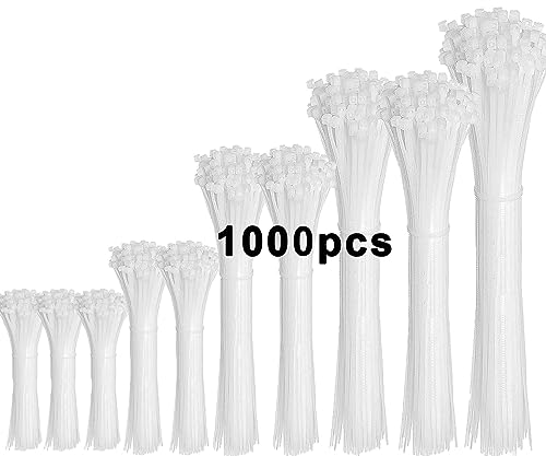 Zip Ties Assorted Sizes 1000 Pack 14/12/10/8/6/4 Inch Cable Ties Heavy Duty Plastic Wire Ties UV Resistant Zipties Black Small Zip Tie Wraps Assortment Cord Management for Home, Office, Gardening