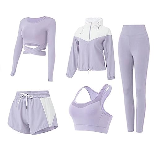 Gecdgzs 5 PCS Workout Sets for Women Yoga Running Outfit Athletic Gym Exercise Clothes Activewear Sets Tracksuit(Purple,S)