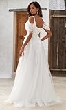 YMFFW Tulle Lace Beach Wedding Dress 2024 A Line Simple Boho Wedding Gowns Plus Size Bride Dress Ivory US6